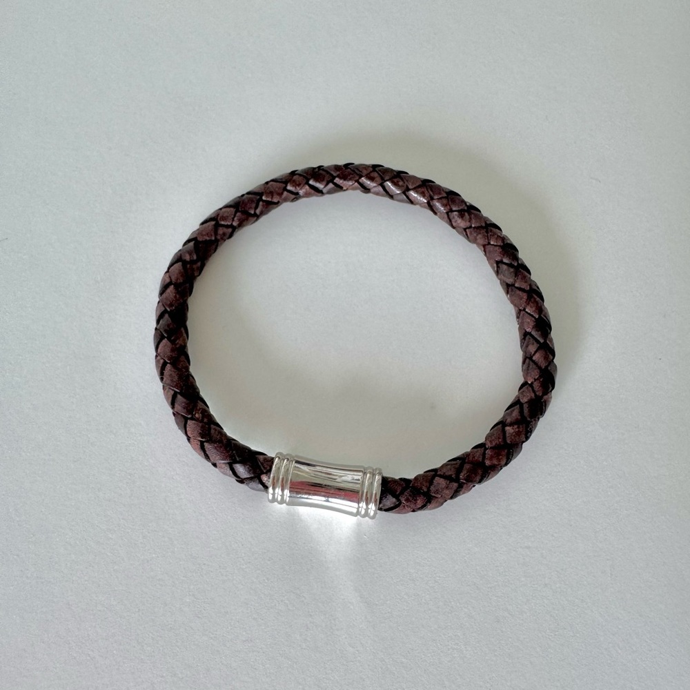 Braided Dark Brown Leather Bracelet with Magnetic Silver Color Clasp